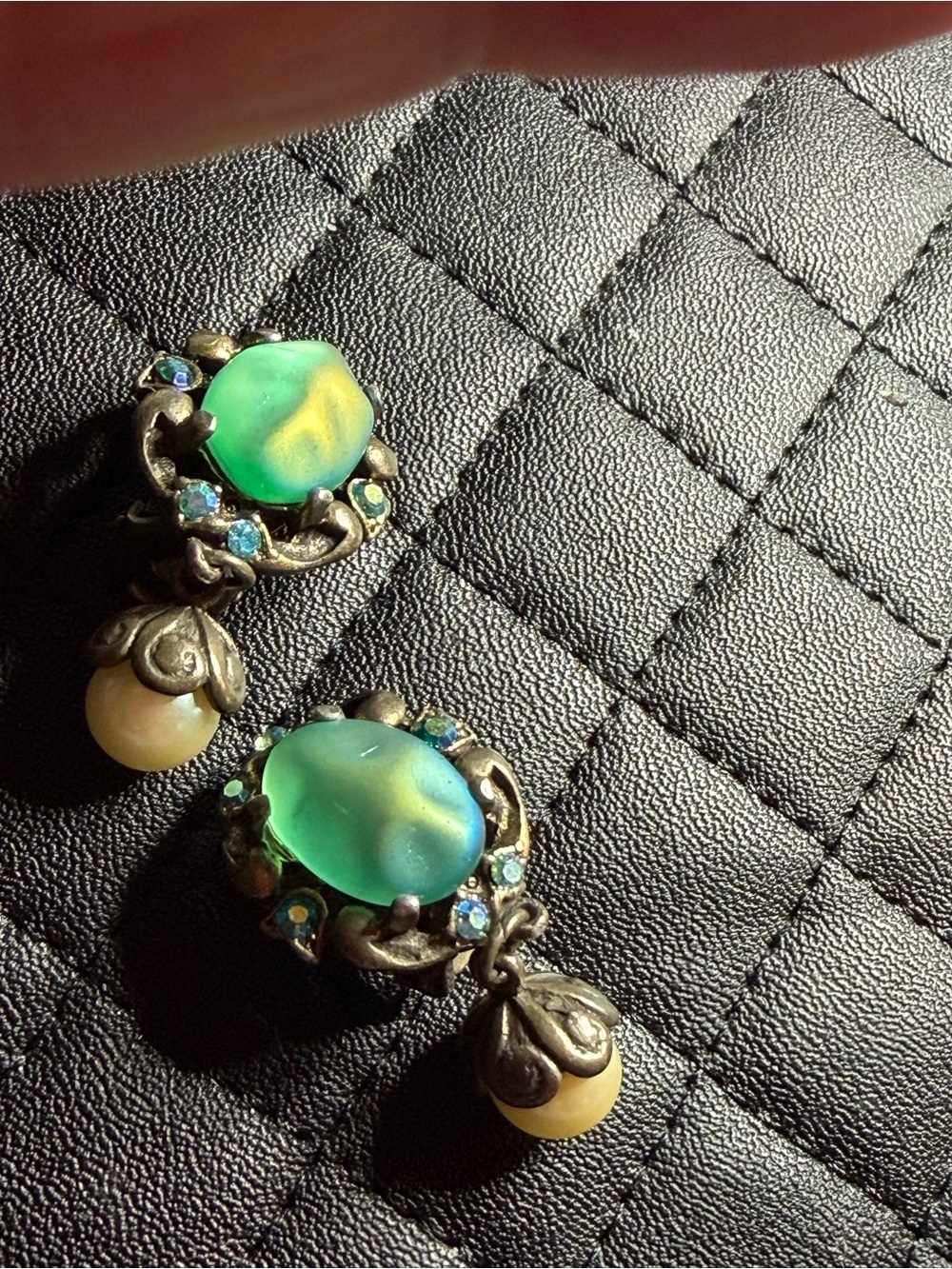 Green Glass Drop Earrings with Antique Gold Accents